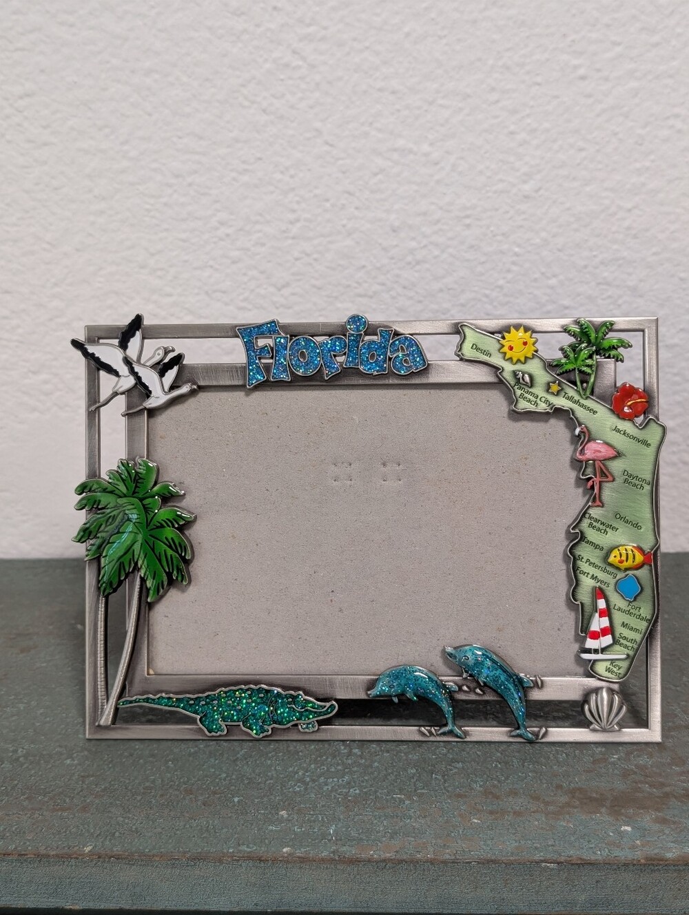 Vintage 90s Metal Florida Decorative Picture/Photo Frame Gator Dolphin Souvenir